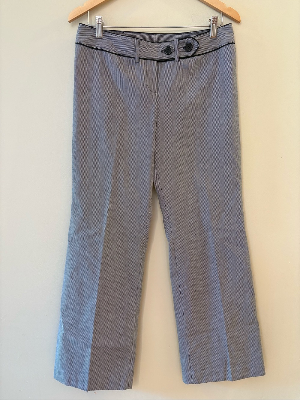 Cleo Micro Stripe wide leg Dress Pants Black Gray with Button Waist Detail, Sz 8